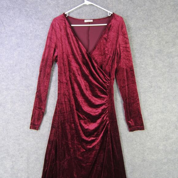Zaberry Dress Womens XL Burgundy Velvet Ruched Long Sleeve Maxi Wrap V Neck - Picture 1 of 8